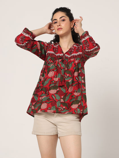 RED HAND BLOCK PRINTED TOP