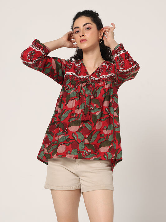 RED HAND BLOCK PRINTED TOP