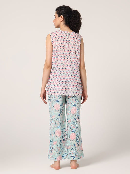 PINK-BLUE HAND BLOCK PRINTED SLEEVE LESS NIGHT SUIT