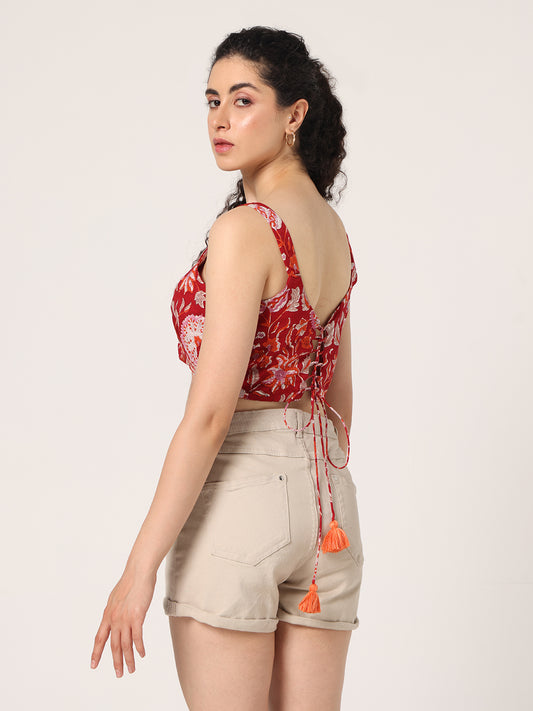 RED HAND BLOCK PRINTED CORSET TOP