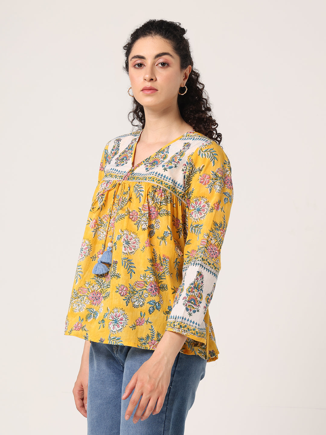 YELLOW HAND BLOCK PRINTED TOP