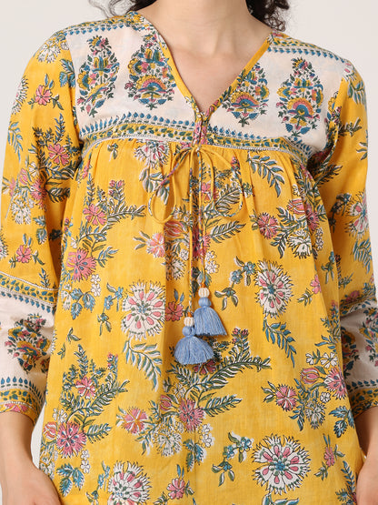 YELLOW HAND BLOCK PRINTED TOP