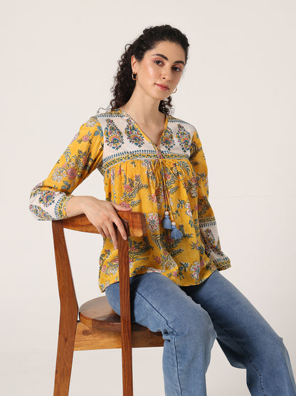 YELLOW HAND BLOCK PRINTED TOP