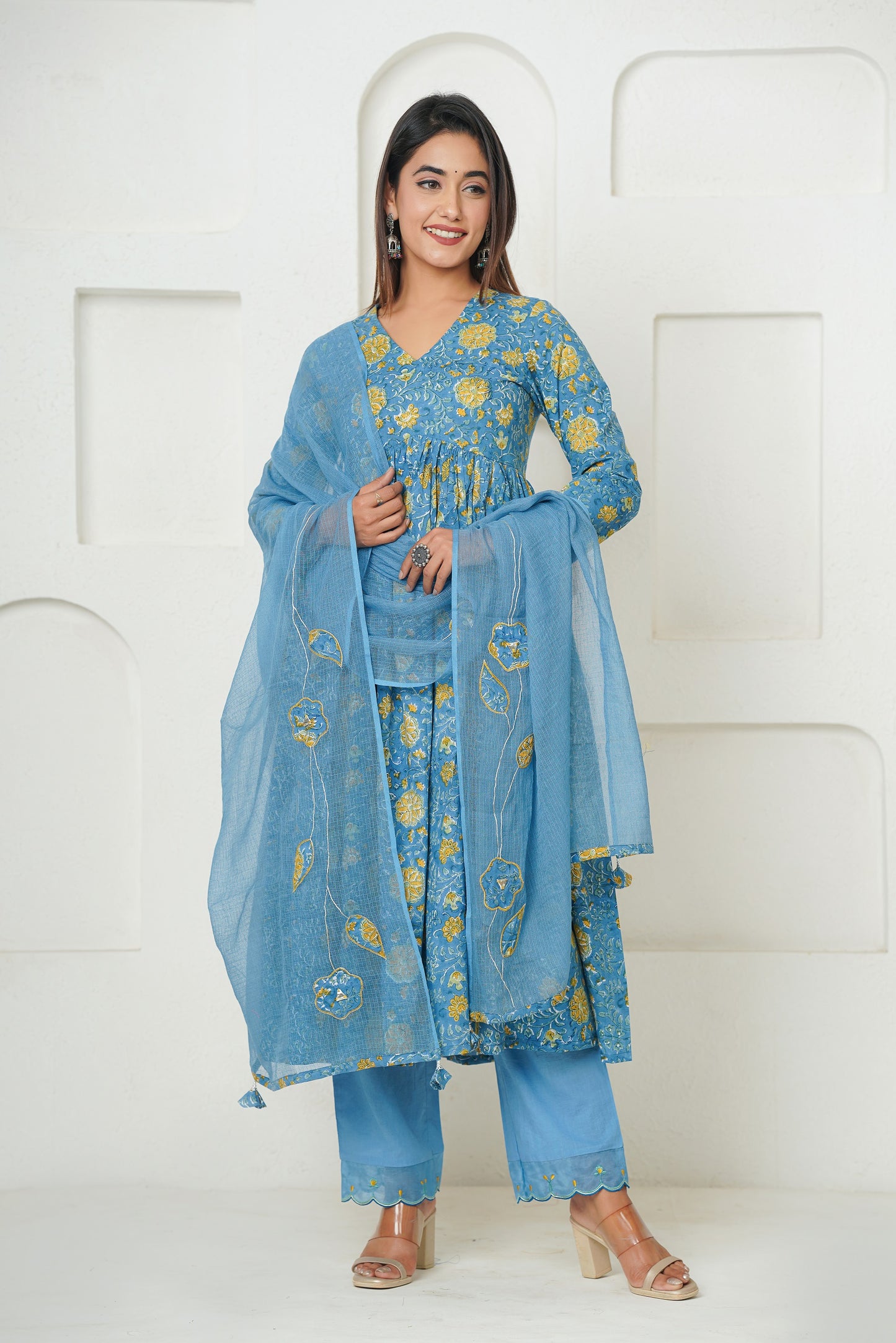 BLUE FLORAL BLOCK PRINT GATHER ANARKALI KURTA SET