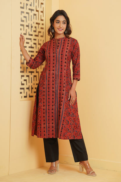 MAROON AJRAKH PRINTED PRINCESS LINE KURTA