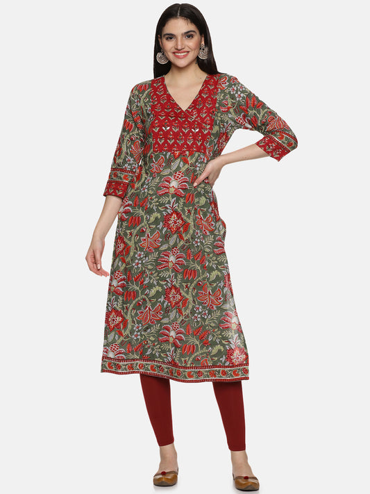 GREEN AND RED BLOCK PRINT KURTA