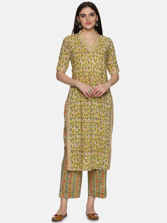 LEMON YELLOW FLORAL PRINT KURTA PLAZZO SET