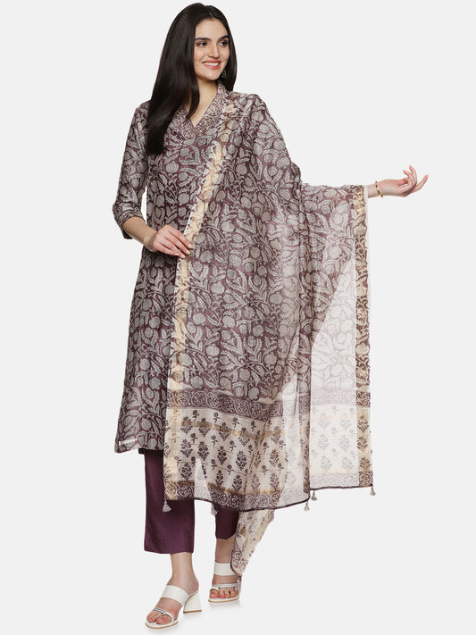 PURPLE BLOCK PRINT KURTA SET IN CHANDERI