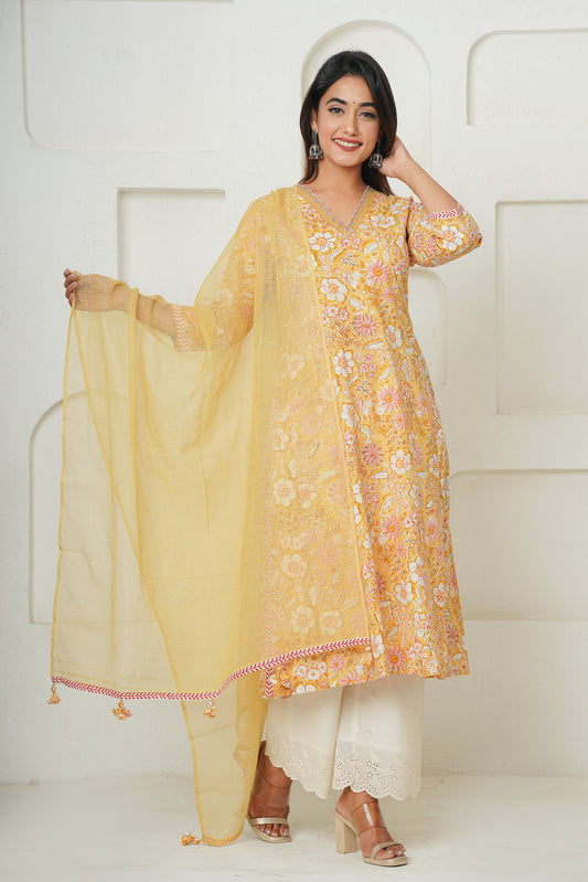 YELLOW HAND BLOCK PRINTED KURTA SET