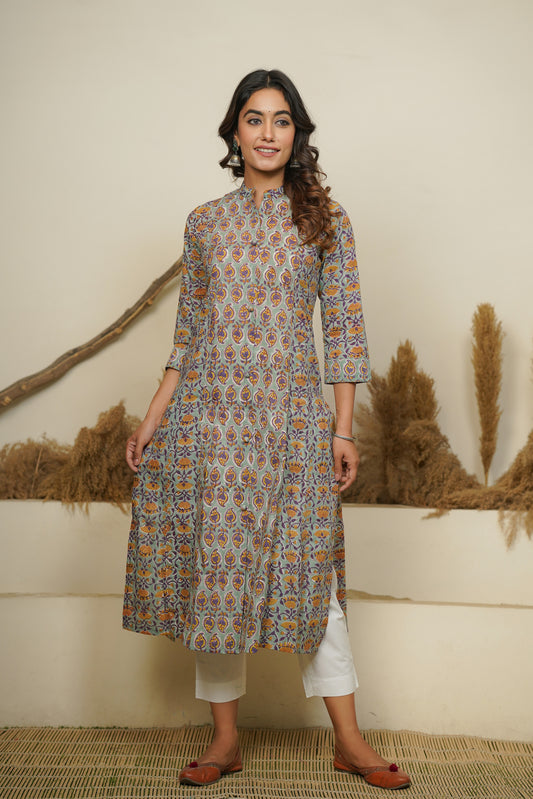 SEA GREEN HAND BLOCK PRINTED PRINCESS LINE KURTA