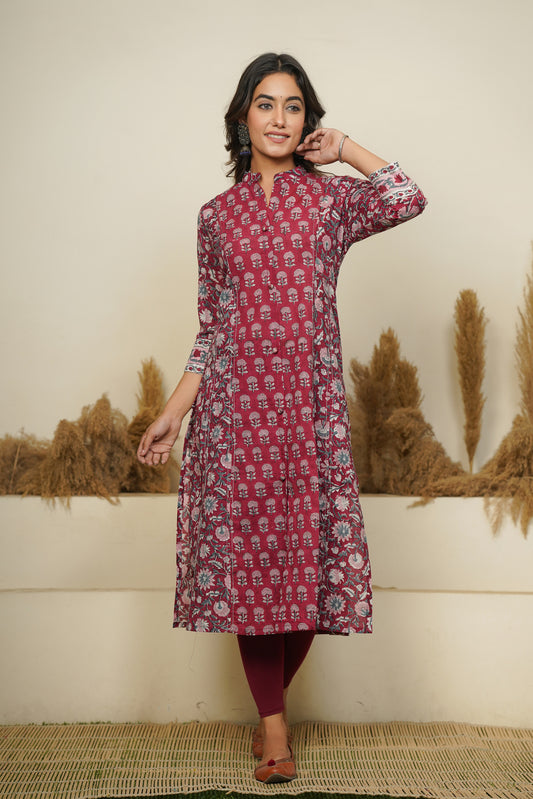 MAROON HAND BLOCK PRINTED PRINCESS LINE KURTA