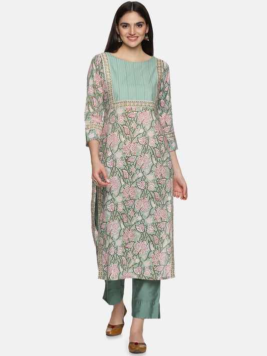 SEA GREEN STRAIGHT BLOCK PRINT KURTA