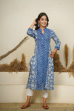BLUE HAND BLOCK PRINTED PRINCESS LINE KURTA