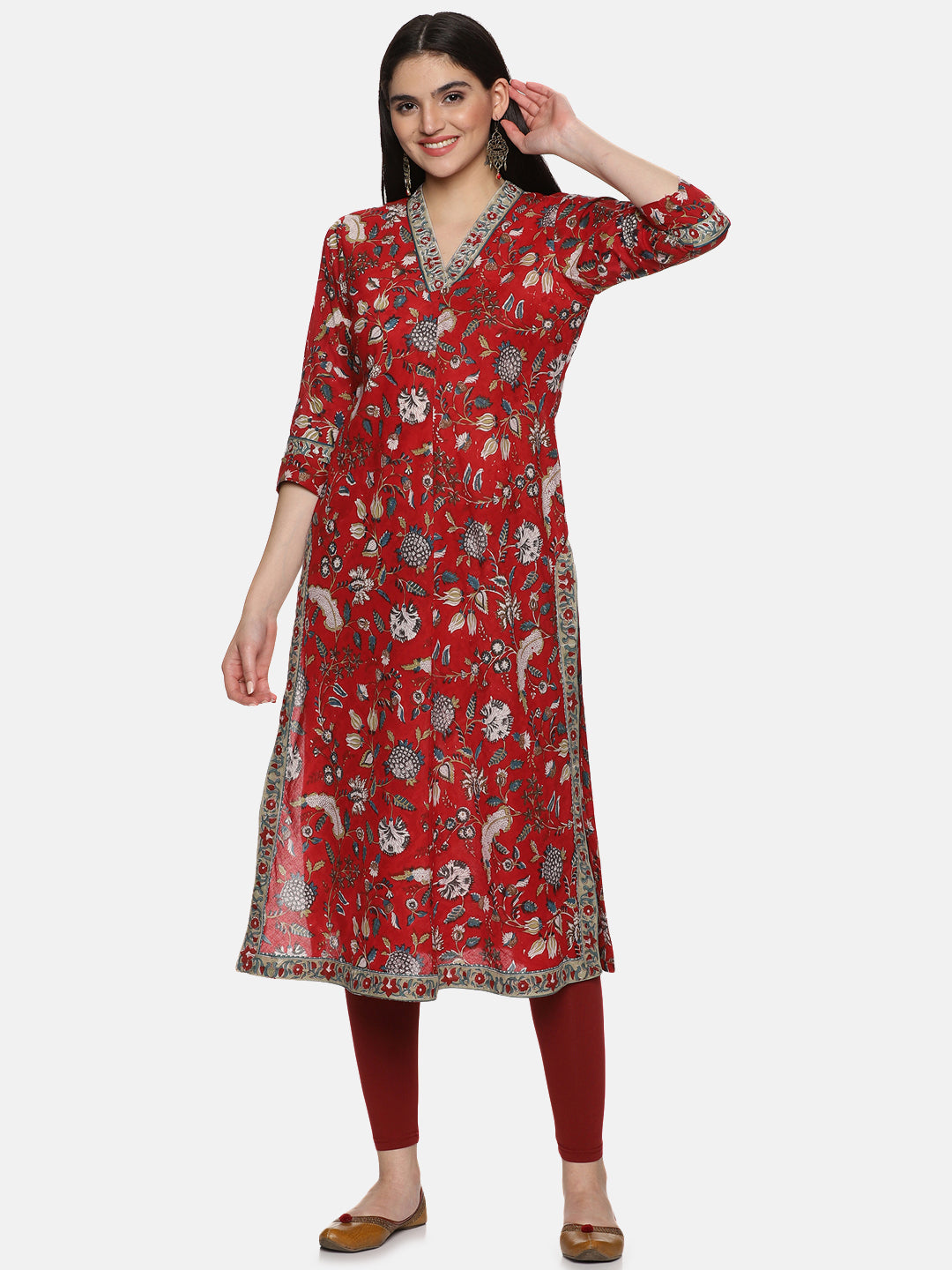 RED A LINE BLOCK PRINT KURTA