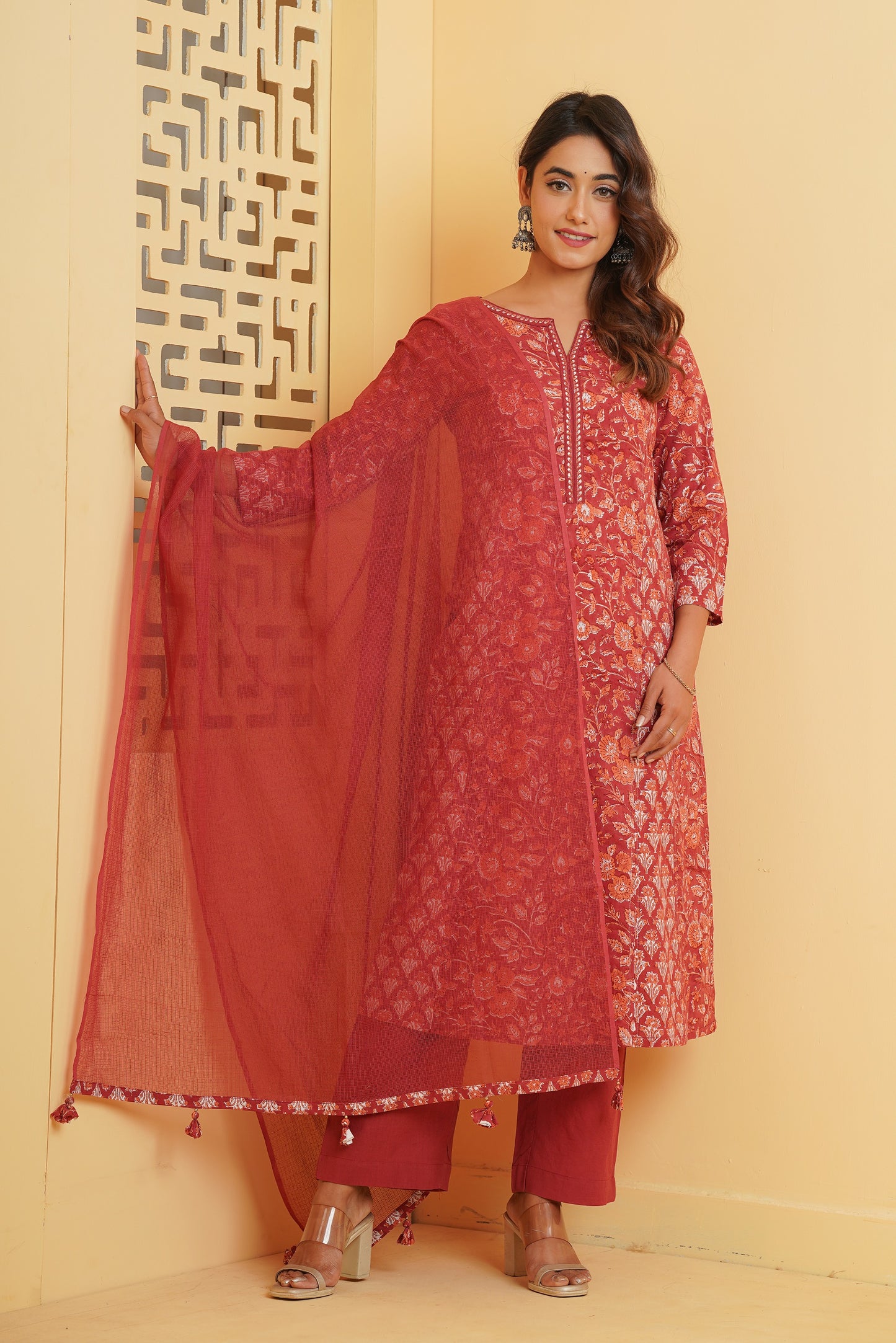 MAROON HAND BLOCK PRINTED KURTA SET