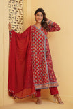 RED HANDBLOCK PRINTED FLORAL ANGRAKHA KURTA SET