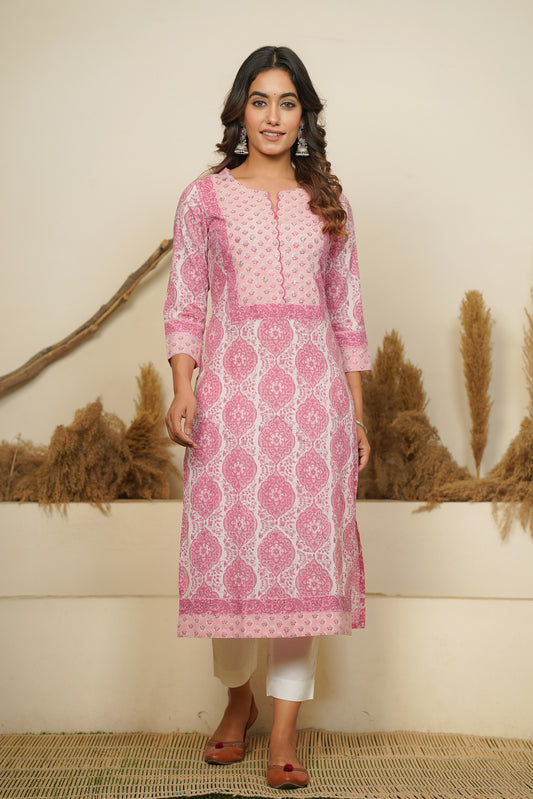 PINK HAND BLOCK PRINTED STRAIGHT KURTA