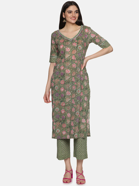 GREEN BLOCK PRINT KURTA PLAZZO SET