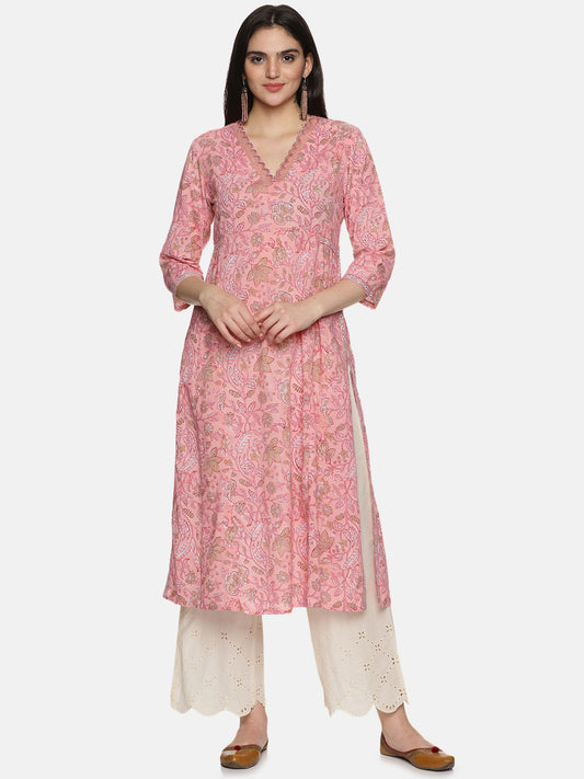PINK BLOCK PRINT PRINCESS LINE KURTA