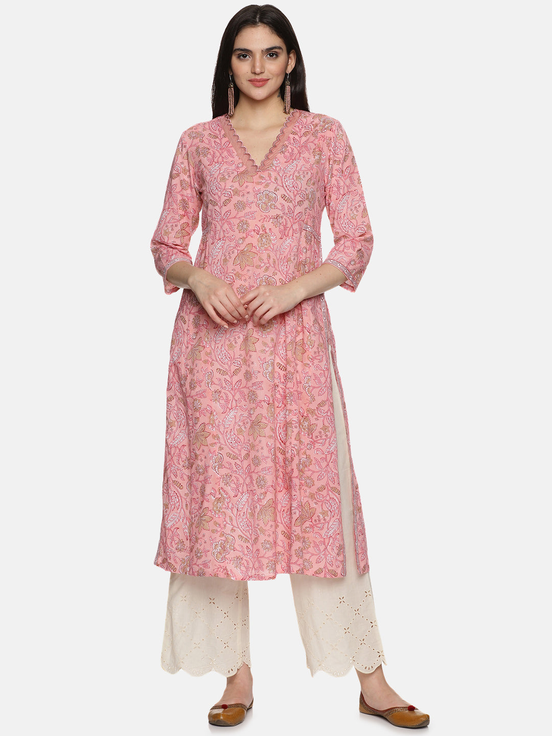 PINK BLOCK PRINT PRINCESS LINE KURTA