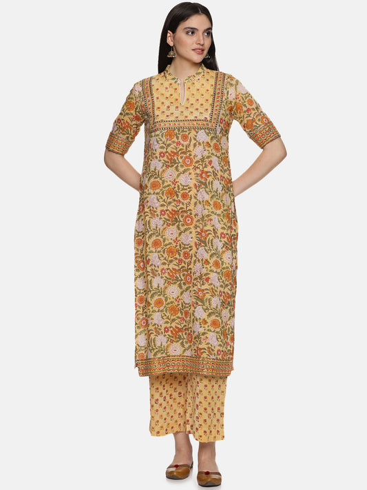 MUSTARD YELLOW BLOCK PRINT KURTA PLAZZO SET