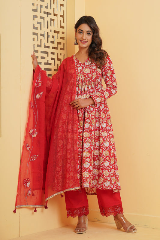 RED FLORAL BLOCK PRINT GATHER ANARKALI KURTA SET