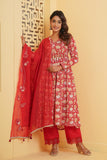 RED FLORAL BLOCK PRINT GATHER ANARKALI KURTA SET