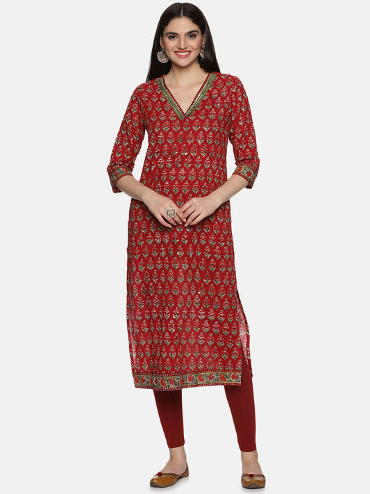 RED BLOCK PRINT STRAIGHT KURTA