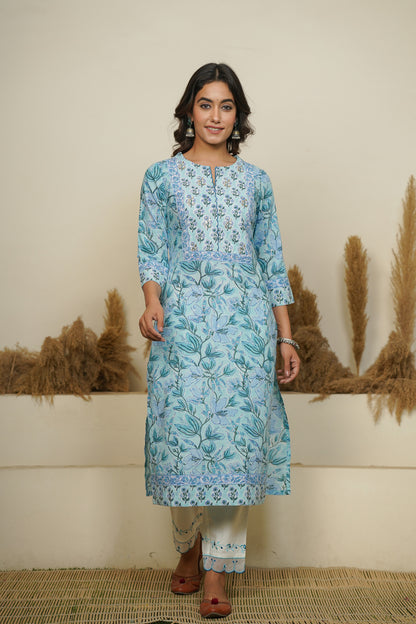 BLUE HAND BLOCK PRINTED STRAIGHT KURTA