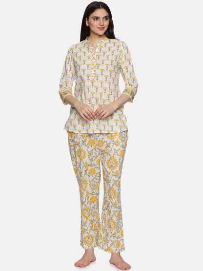 WHITE AND YELLOW BLOCK PRINT LOUNGE WEAR