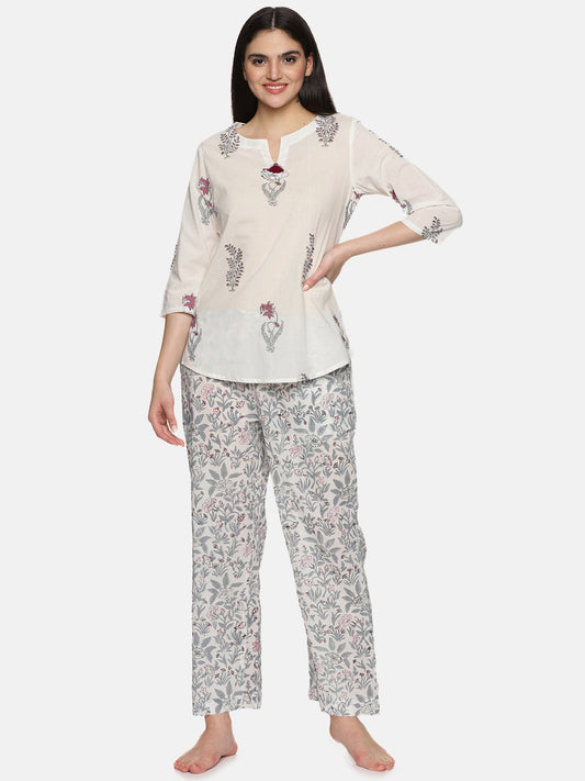 WHITE AND PURPLE  BLOCK PRINT LOUNGE WEAR