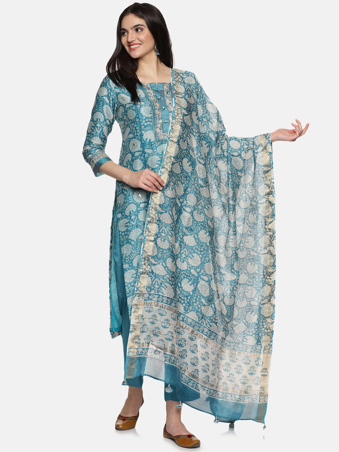 BLUE BLOCK PRINT KURTA SET IN CHANDERI