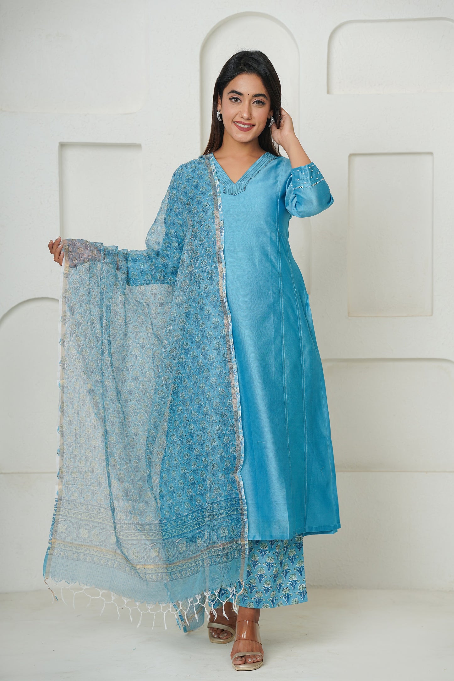 BLUE PURE CHANDERI PRINCESS LINE KURTA SET