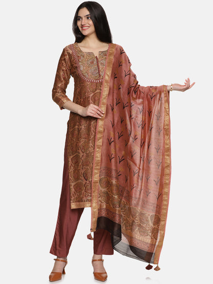 BROWN AJRAK BLOCK PRINT KURTA SET IN CHANDERI