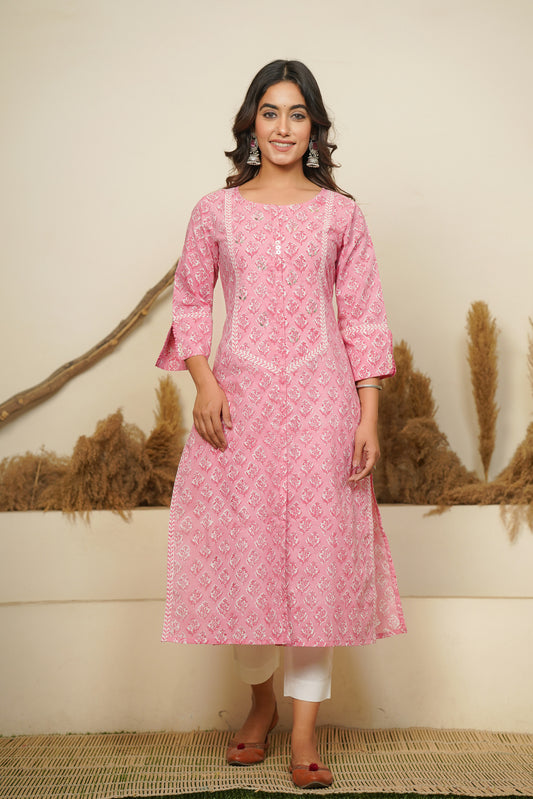 PINK HAND BLOCK PRINTED STRAIGHT KURTA