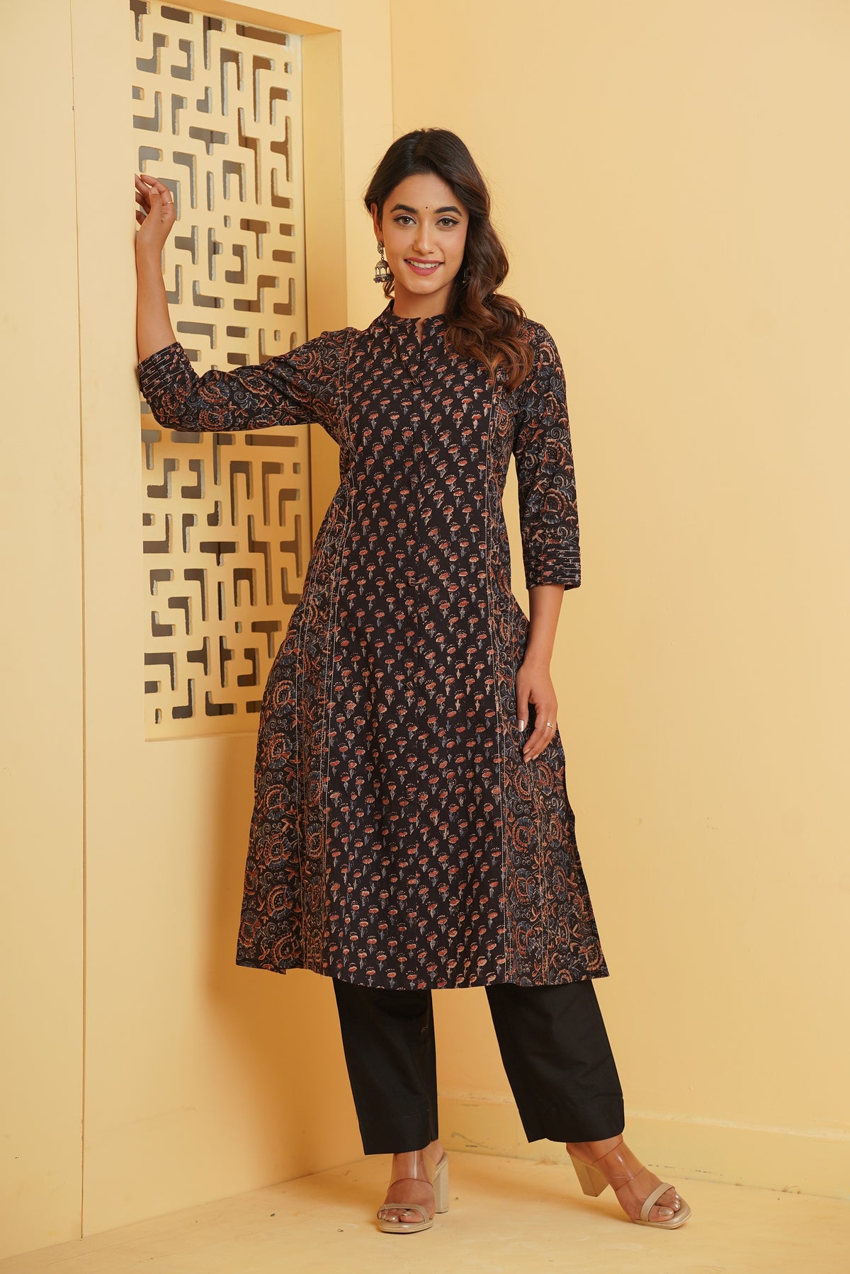 BLACK AJRAKH PRINTED PRINCESS LINE KURTA