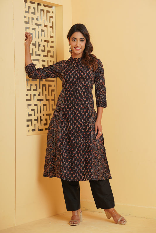 BLACK AJRAKH PRINTED PRINCESS LINE KURTA