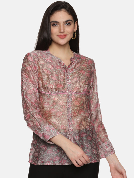 GREY PINK FLORAL BLOCK PRINT FORMAL SHIRT IN CHANDERI