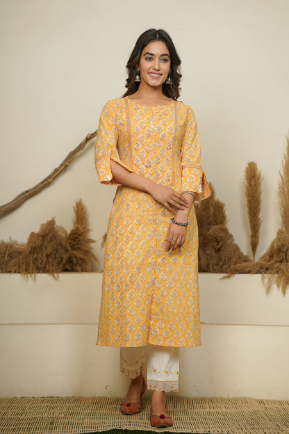 YELLOW HAND BLOCK PRINTED STRAIGHT KURTA