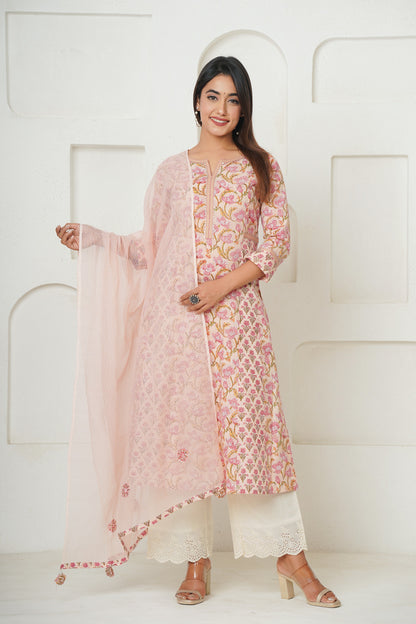 PEACH HAND BLOCK PRINTED KURTA SET