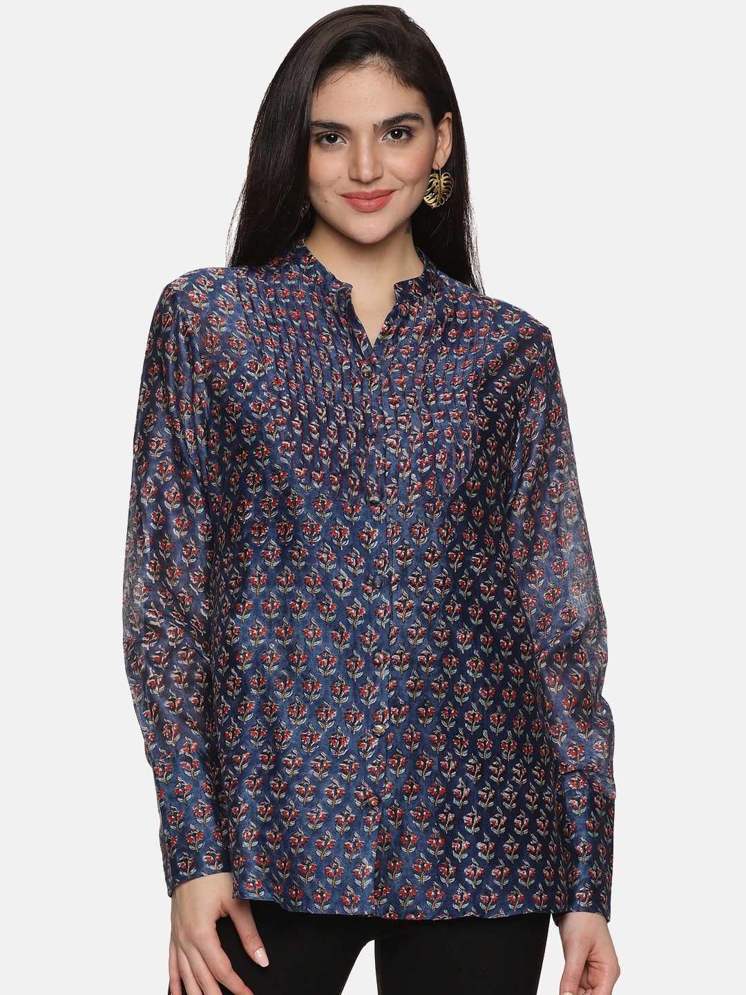 BLUE FORMAL BLOCK PRINT SHIRT IN CHANDERI