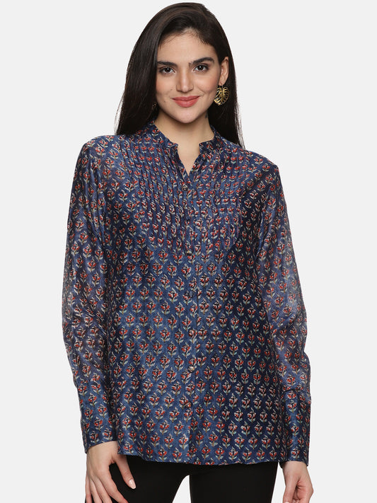 BLUE FORMAL BLOCK PRINT SHIRT IN CHANDERI