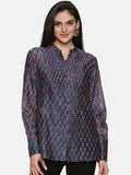 BLUE FORMAL BLOCK PRINT SHIRT IN CHANDERI