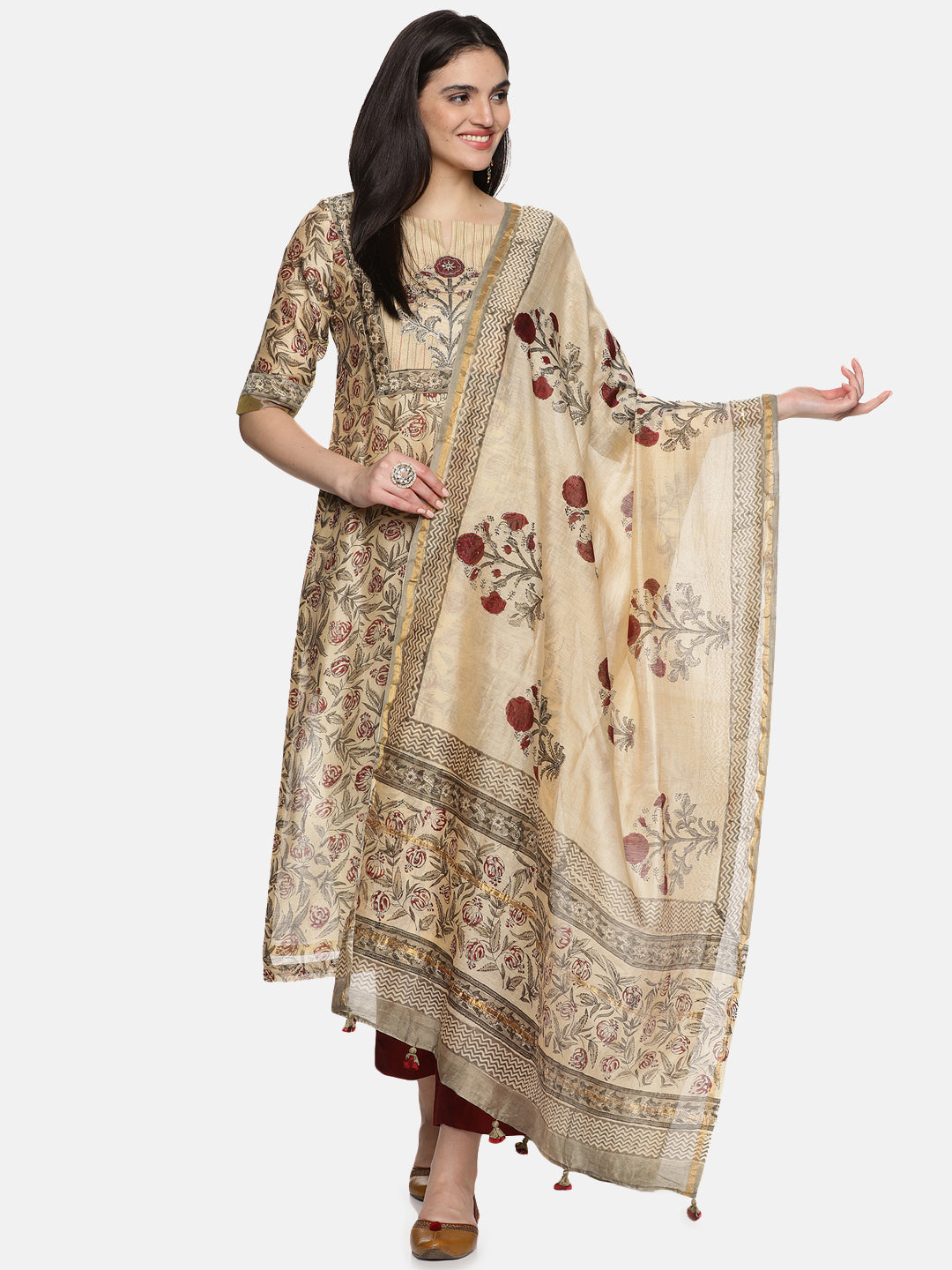 BEIGE FLORAL BLOCK PRINT KURTA SET IN CHANDERI