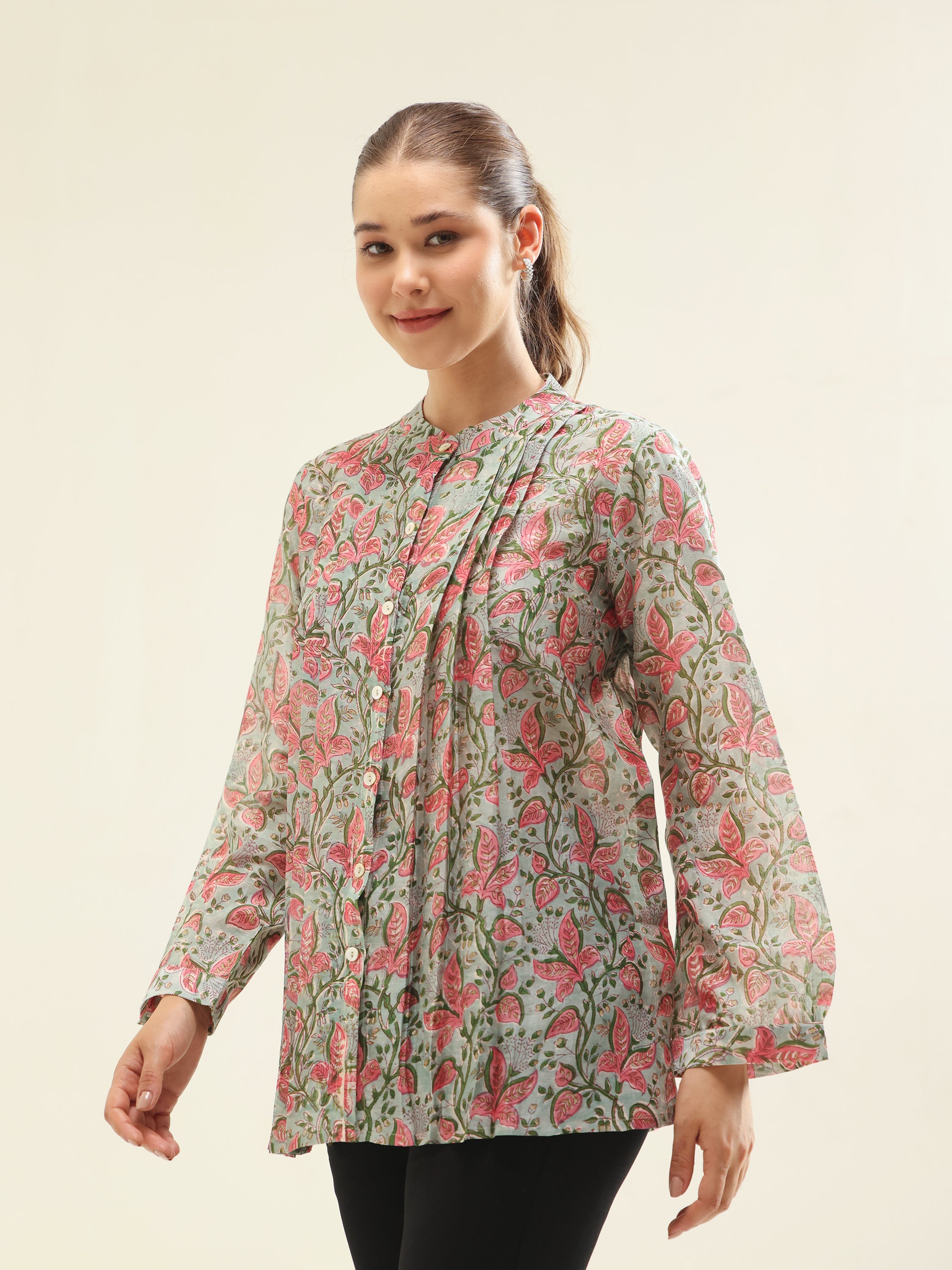 Green-Pink Chanderi Shirt