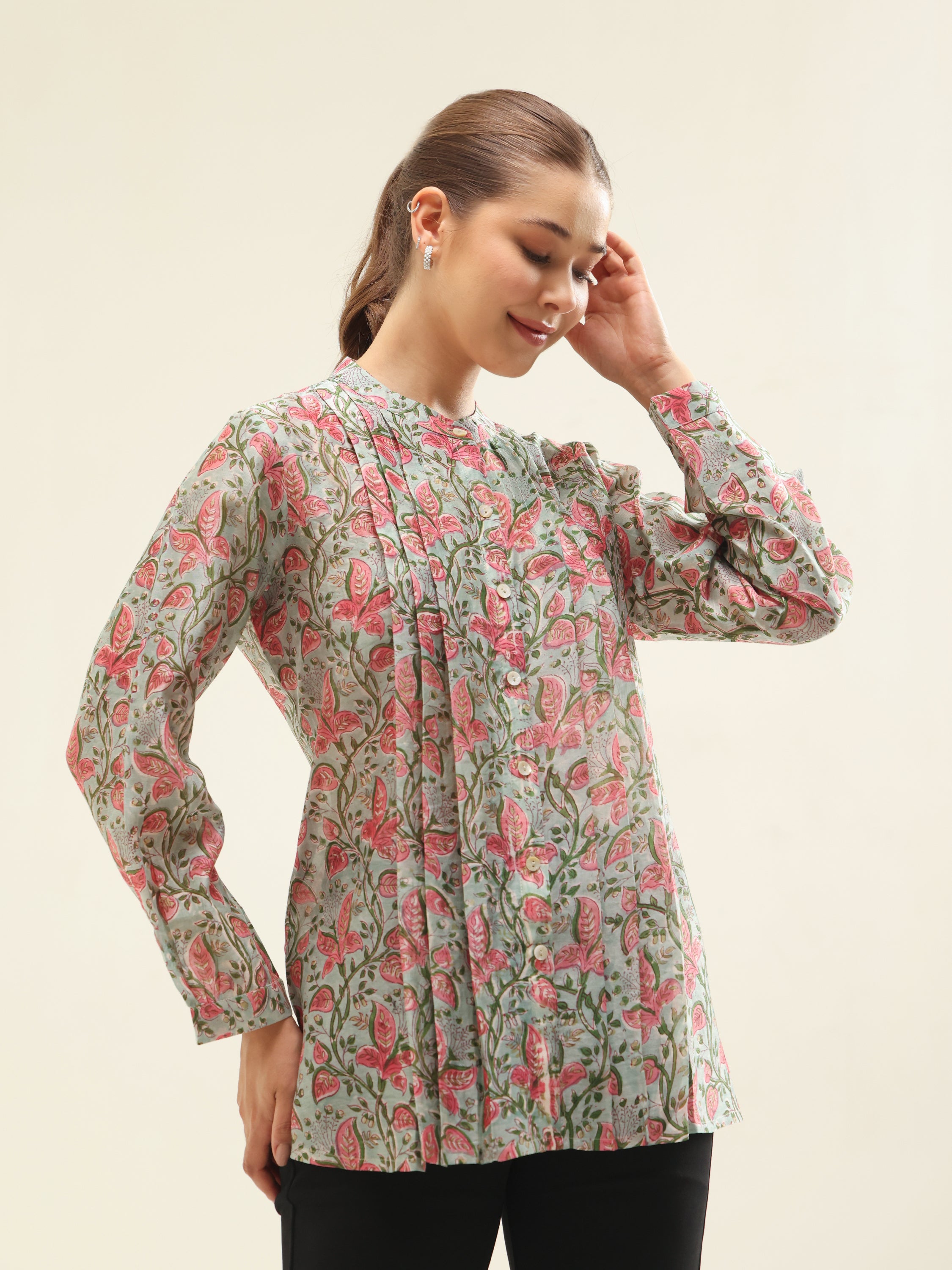 Green-Pink Chanderi Shirt