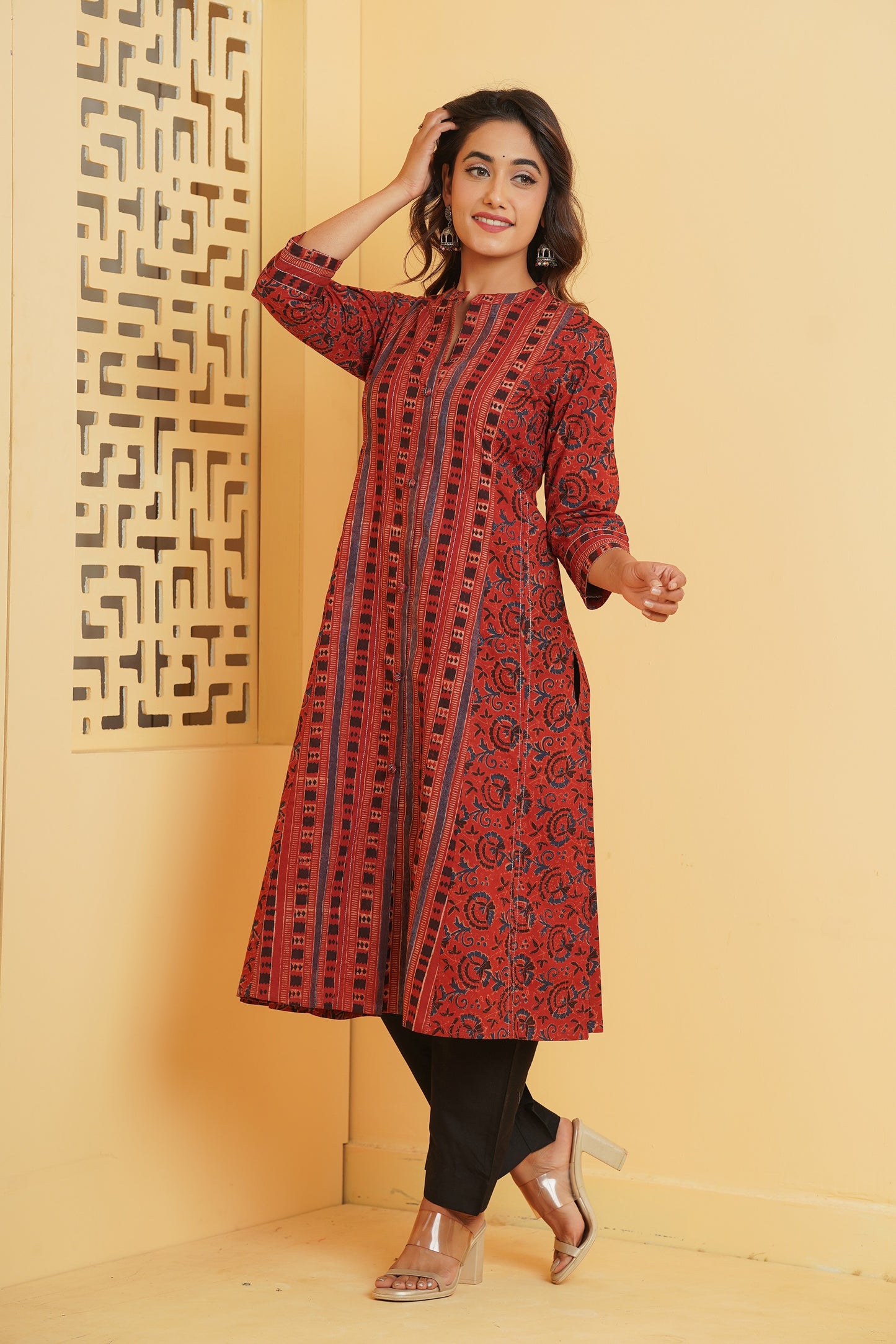 MAROON AJRAKH PRINTED PRINCESS LINE KURTA