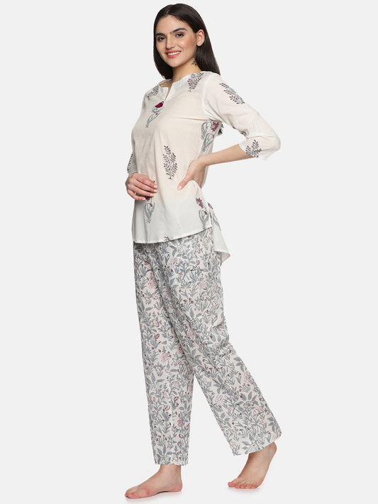 WHITE AND PURPLE  BLOCK PRINT LOUNGE WEAR