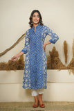 BLUE HAND BLOCK PRINTED PRINCESS LINE KURTA
