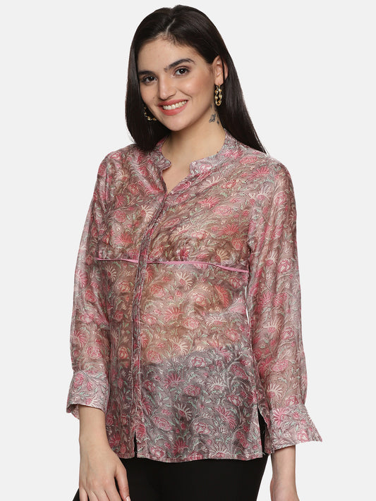 GREY PINK FLORAL BLOCK PRINT FORMAL SHIRT IN CHANDERI